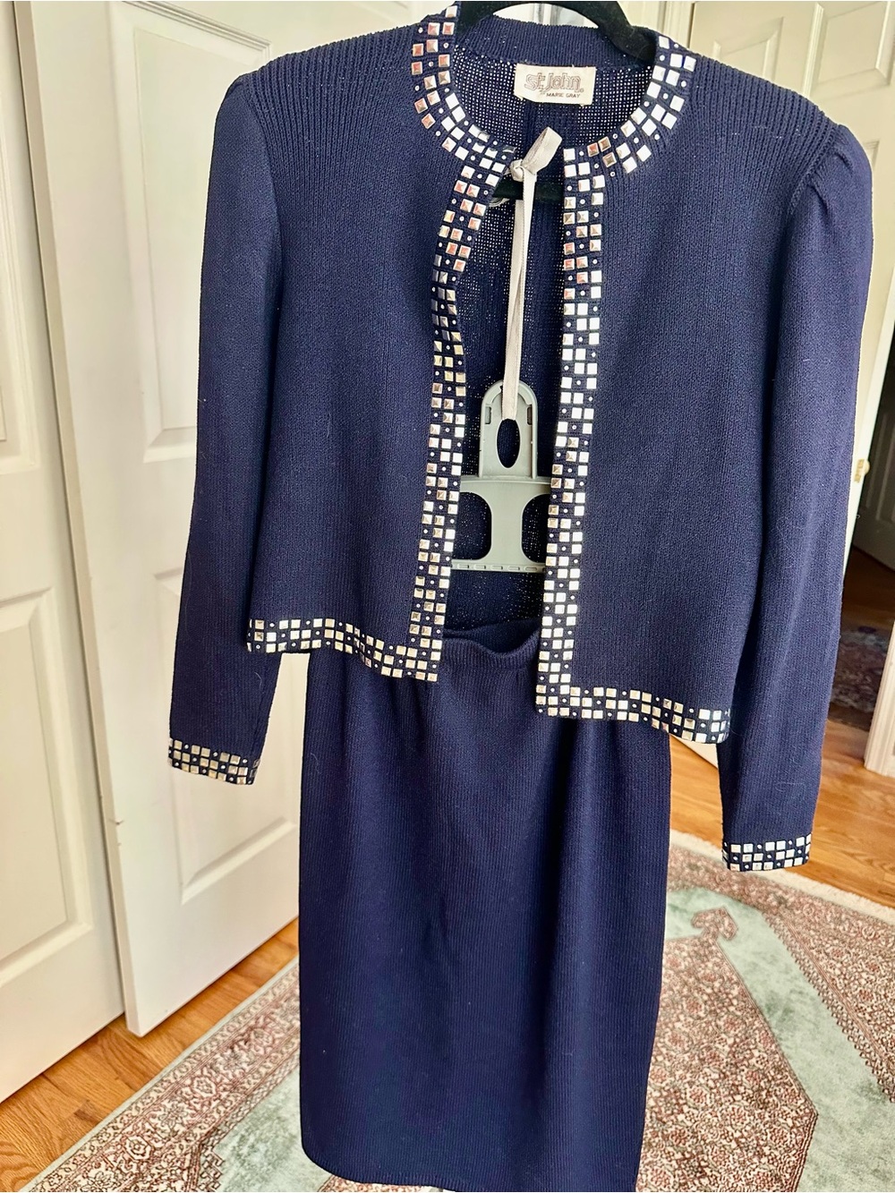 St. John Navy Knit Jacket & Pencil Skirt Set with Checker Trim